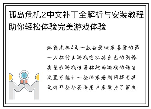 孤岛危机2中文补丁全解析与安装教程助你轻松体验完美游戏体验